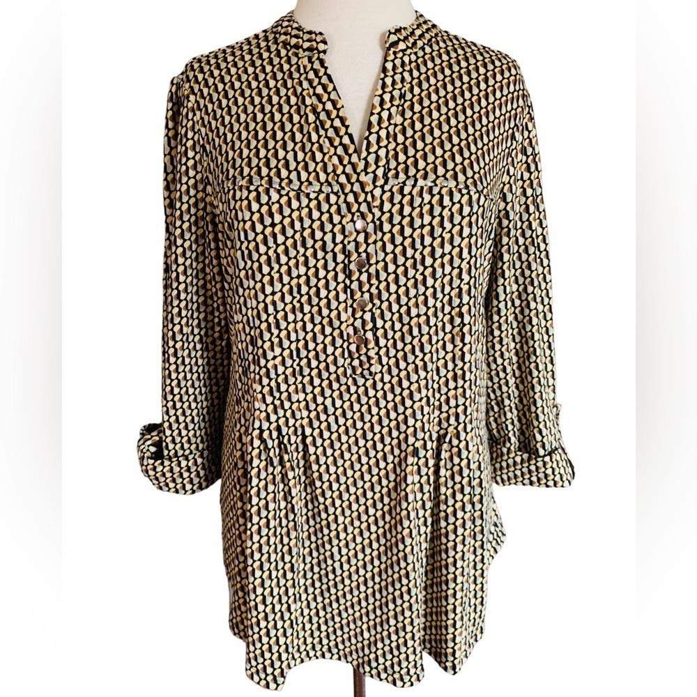 COCOMO 1X yellow brown poly spandex flannel 3/4 sleeve women’s Pintuck tuni…